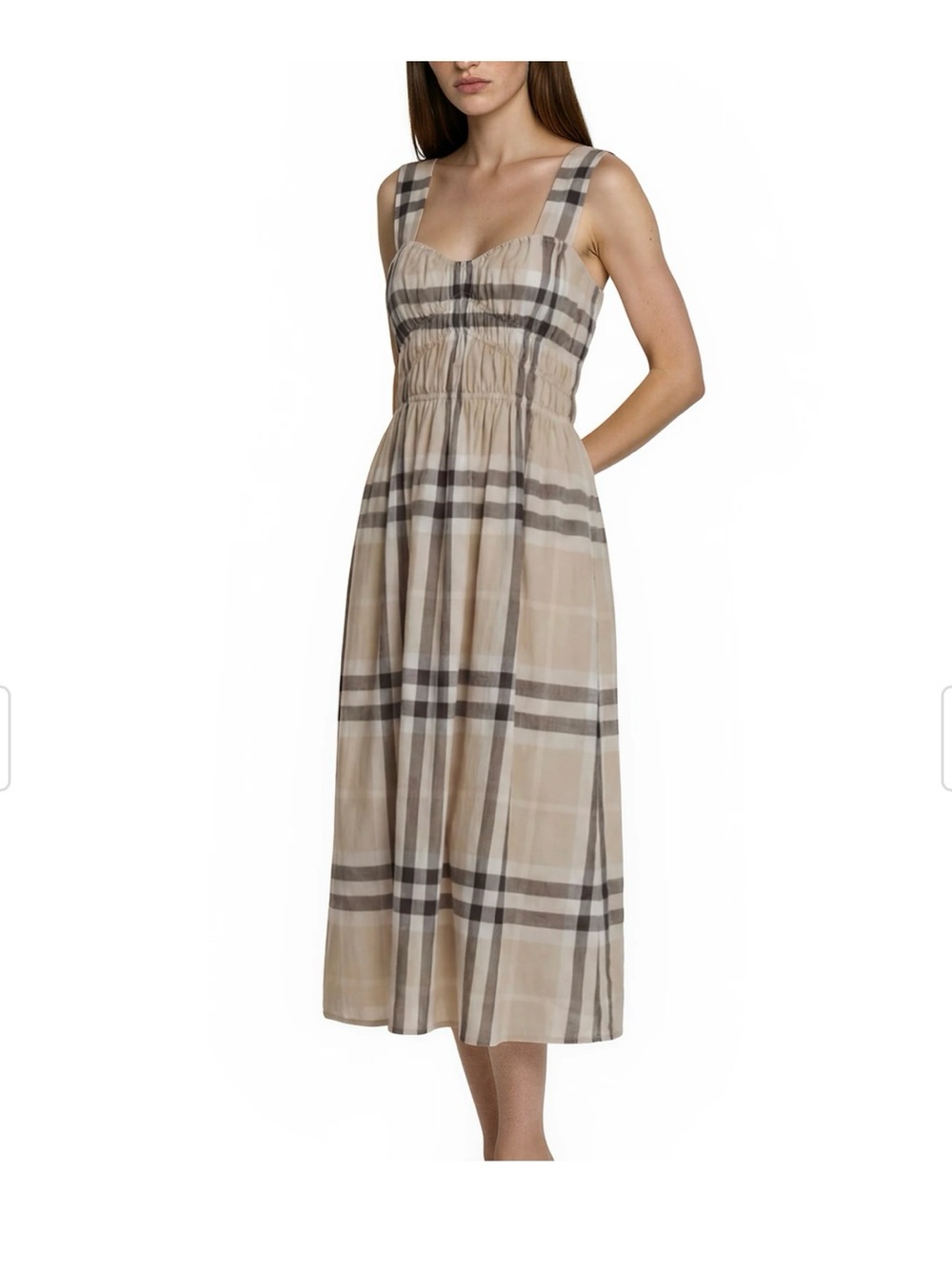 NEW BURBERRY CLASSIC BEIGE IVORY GRAY CHECK PLEATED COTTON SUMMER DRESS 44/10